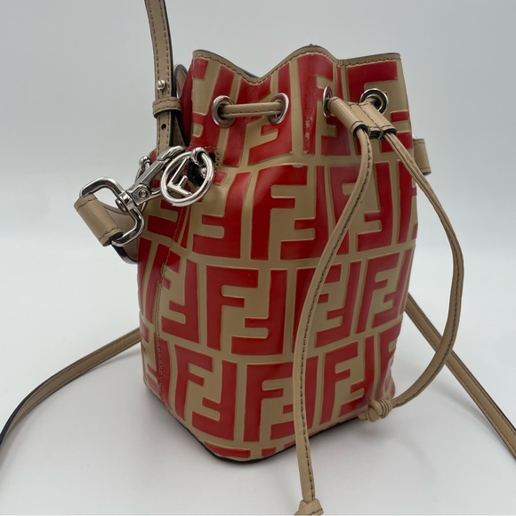 (SOLD) Fendi Monogram Embossed Beige/Red Leather Tresor Drawstring Bucket Bag - Picture 6 of 17